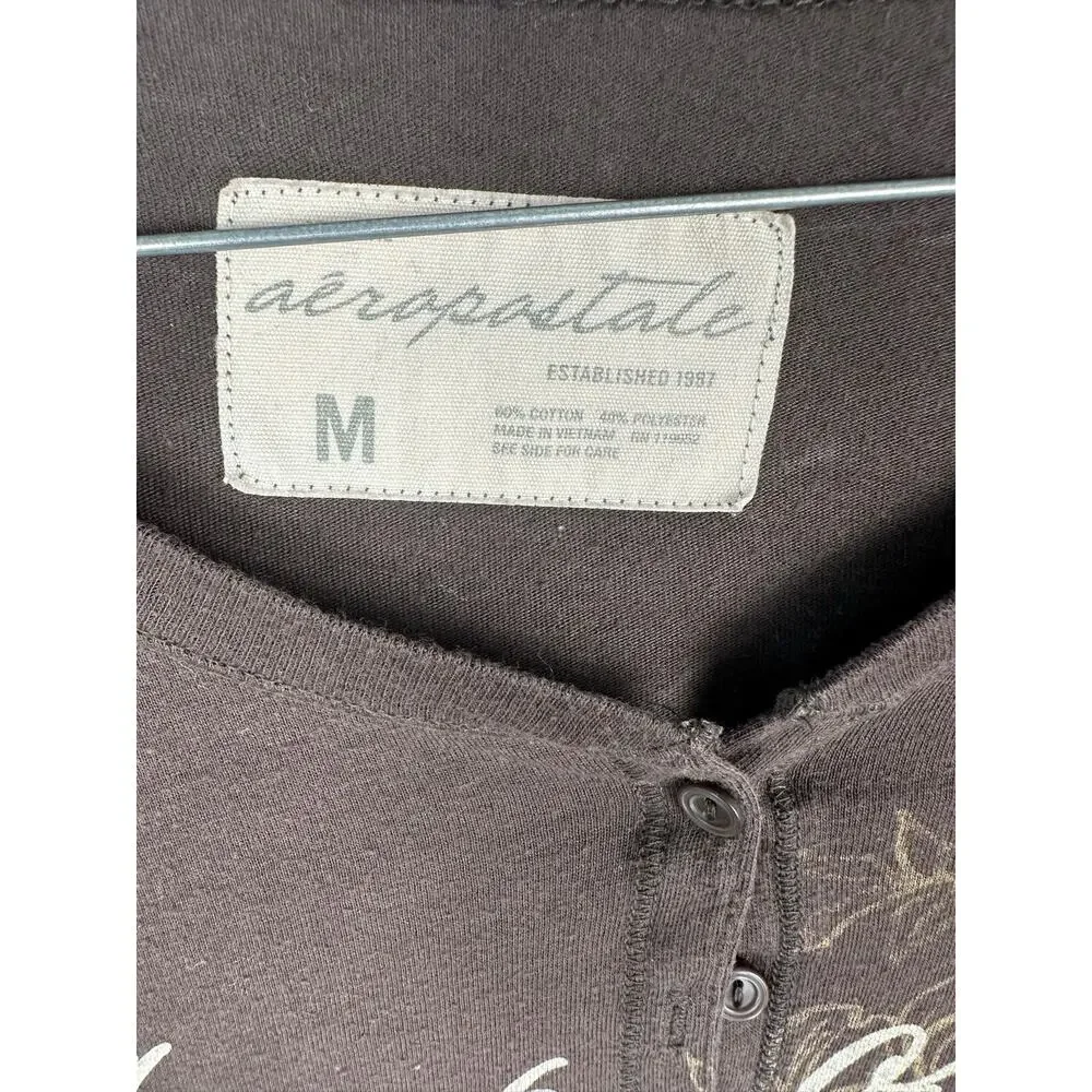 Aéropostale Women's Floral Script Long Sleeve Brown Henley Shirt vtg Y2K Medium - Picture 2 of 7
